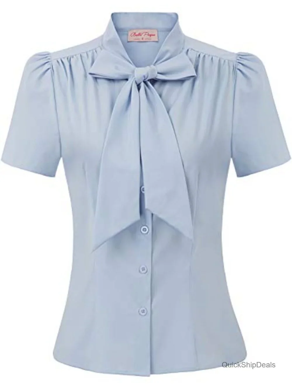 Lightweight Button Down Blouse with Bow Tie - Short Sleeve Office Top